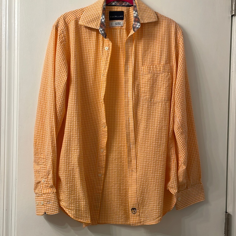 Lochlane seersucker button down long sleeve shirt. Small. Orange/white.